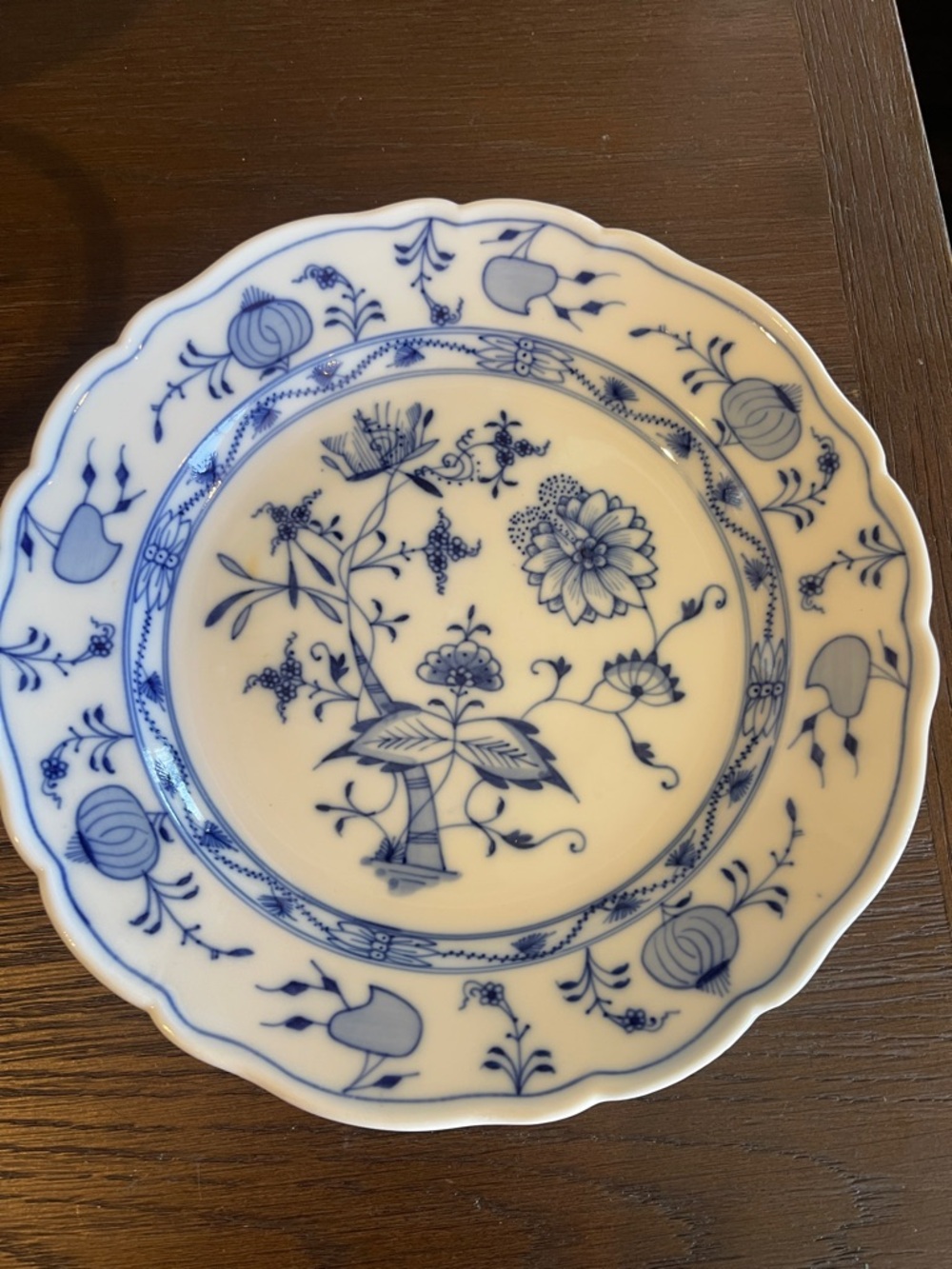 Antique Porcelain Meissen Blue Onion Scalloped Plate-9 3/4”